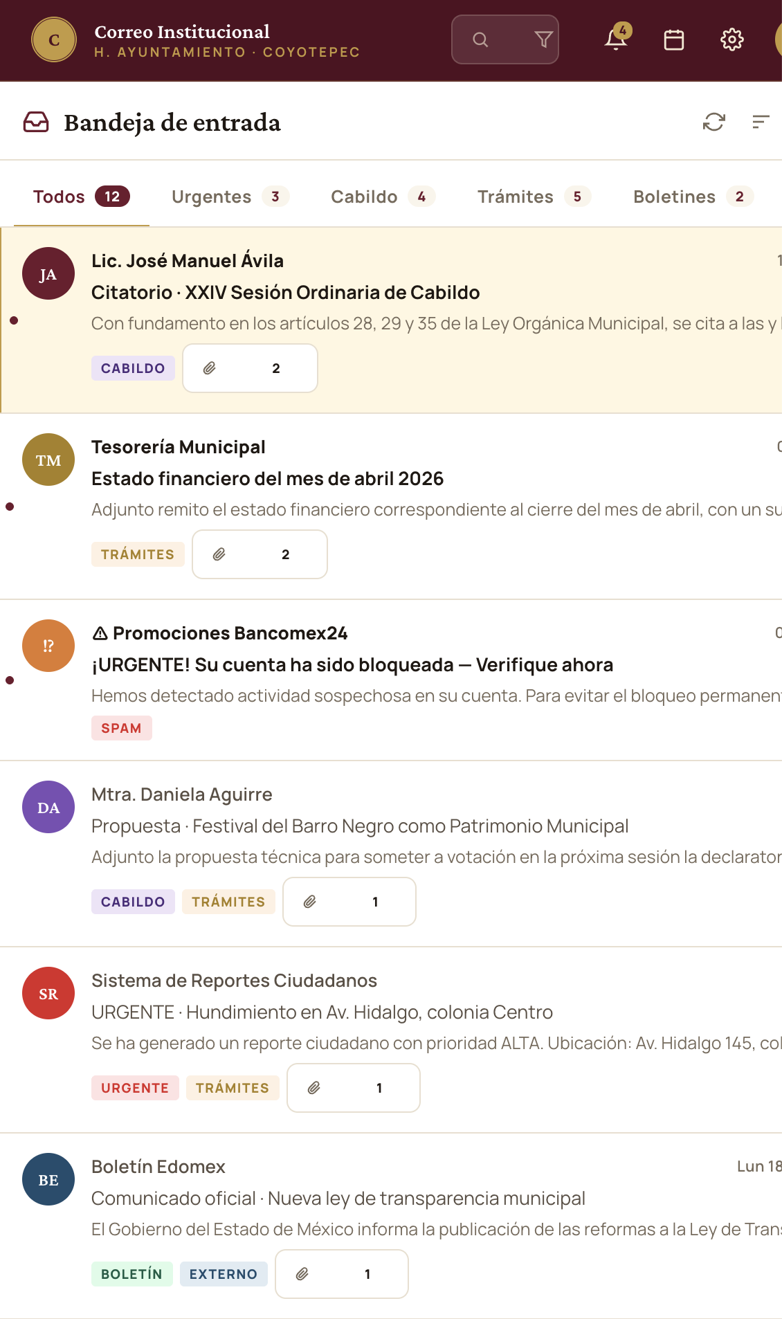 Correo Institucional — vista móvil